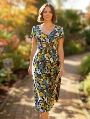Boden Multicolor Pin Pleat Midi Tea Dress Womens UK10 US6 V-Neck 100% Viscose